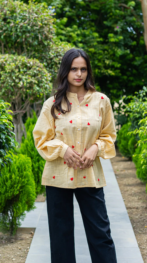 Beige hand embroidered slub cotton shirt for women
