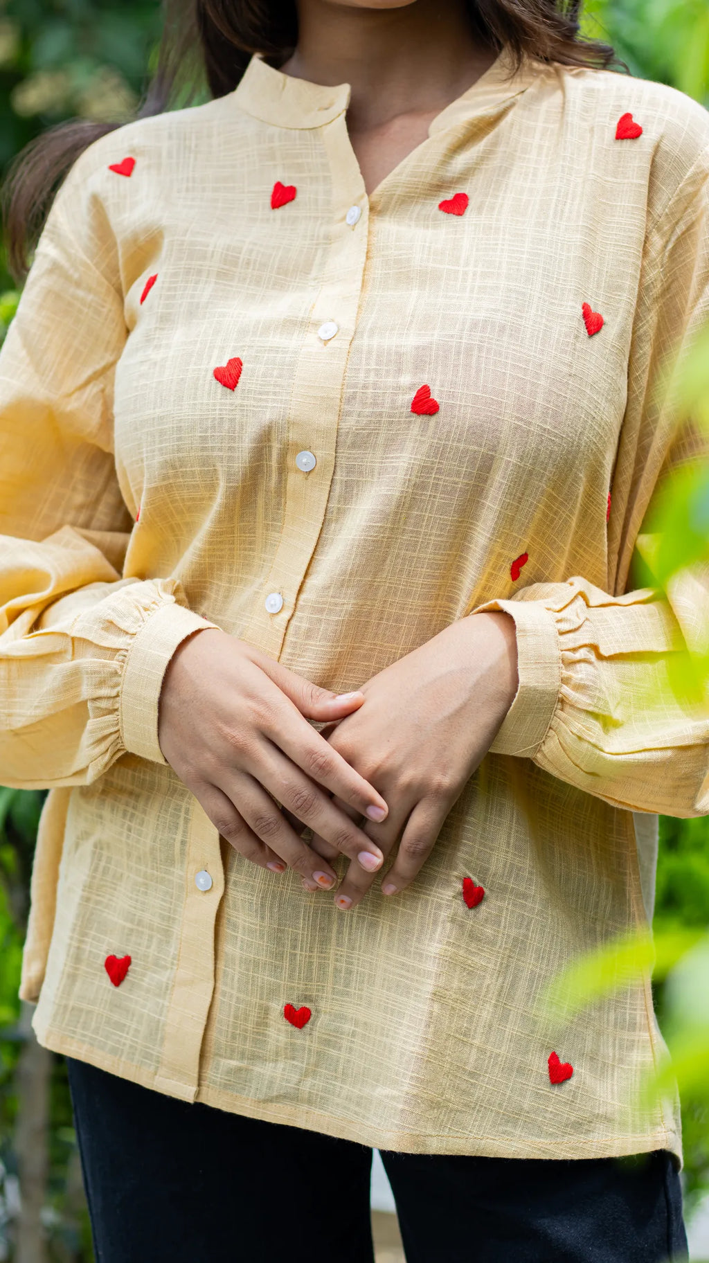 Beige embroidered slub cotton shirt - styling view