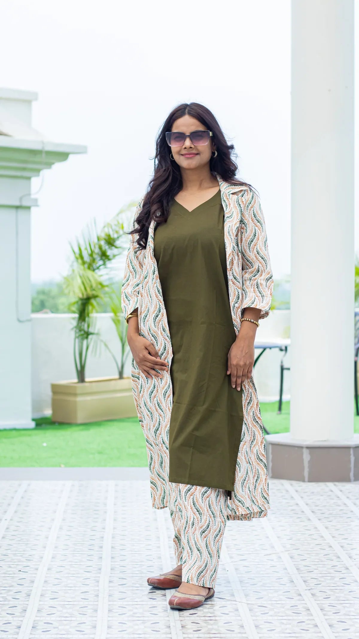 Olive wave print layered 3-piece co-ord set - styling view