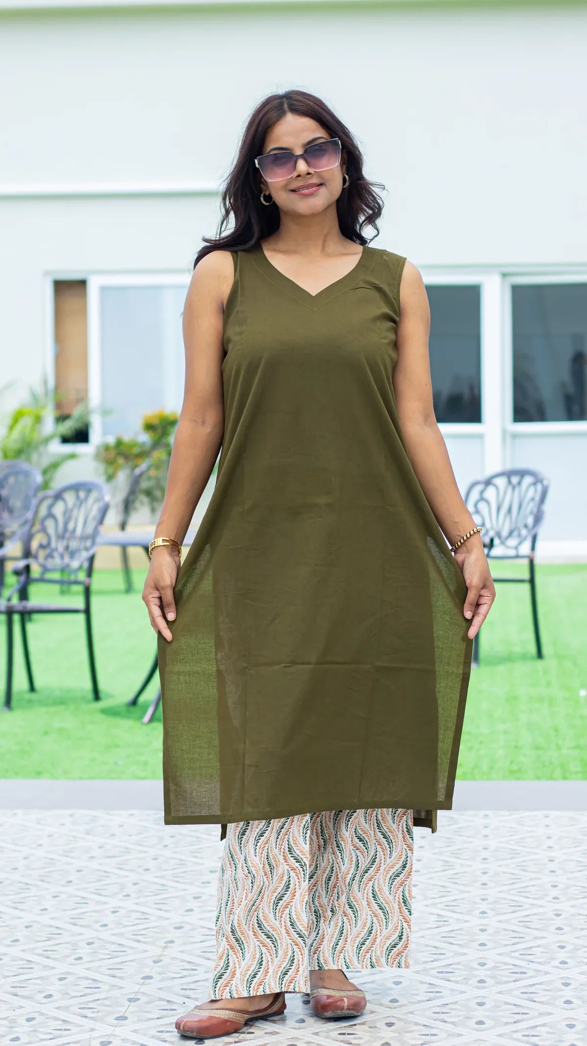 Olive wave print cotton fabric close up