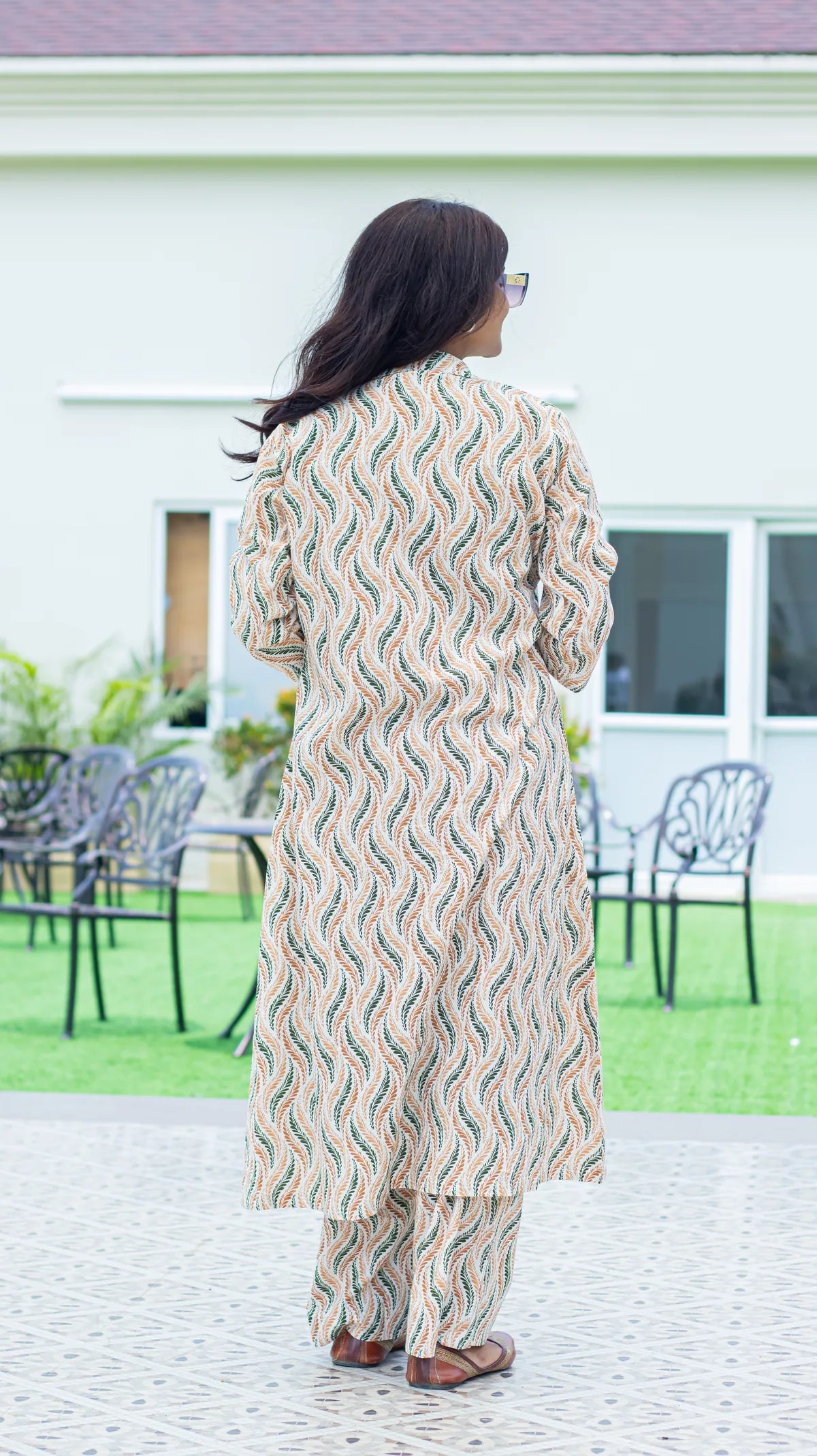 Olive wave print layered 3-piece co-ord set for women