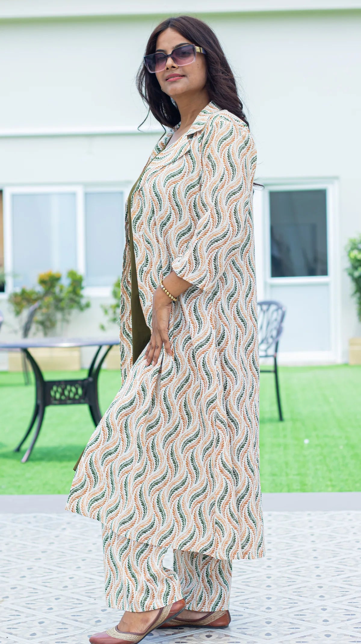 Olive wave print 3-piece set - full look