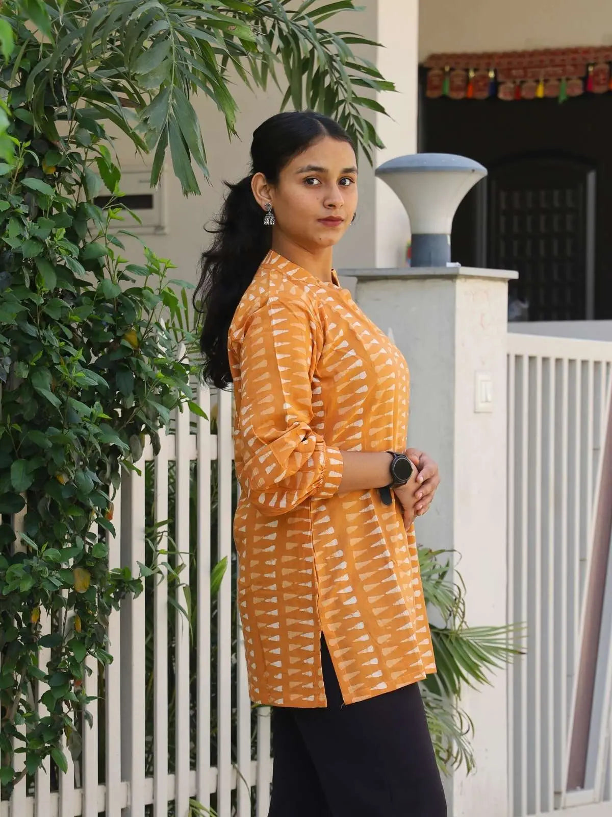 Mustard mandarin collar short kurta - right side view