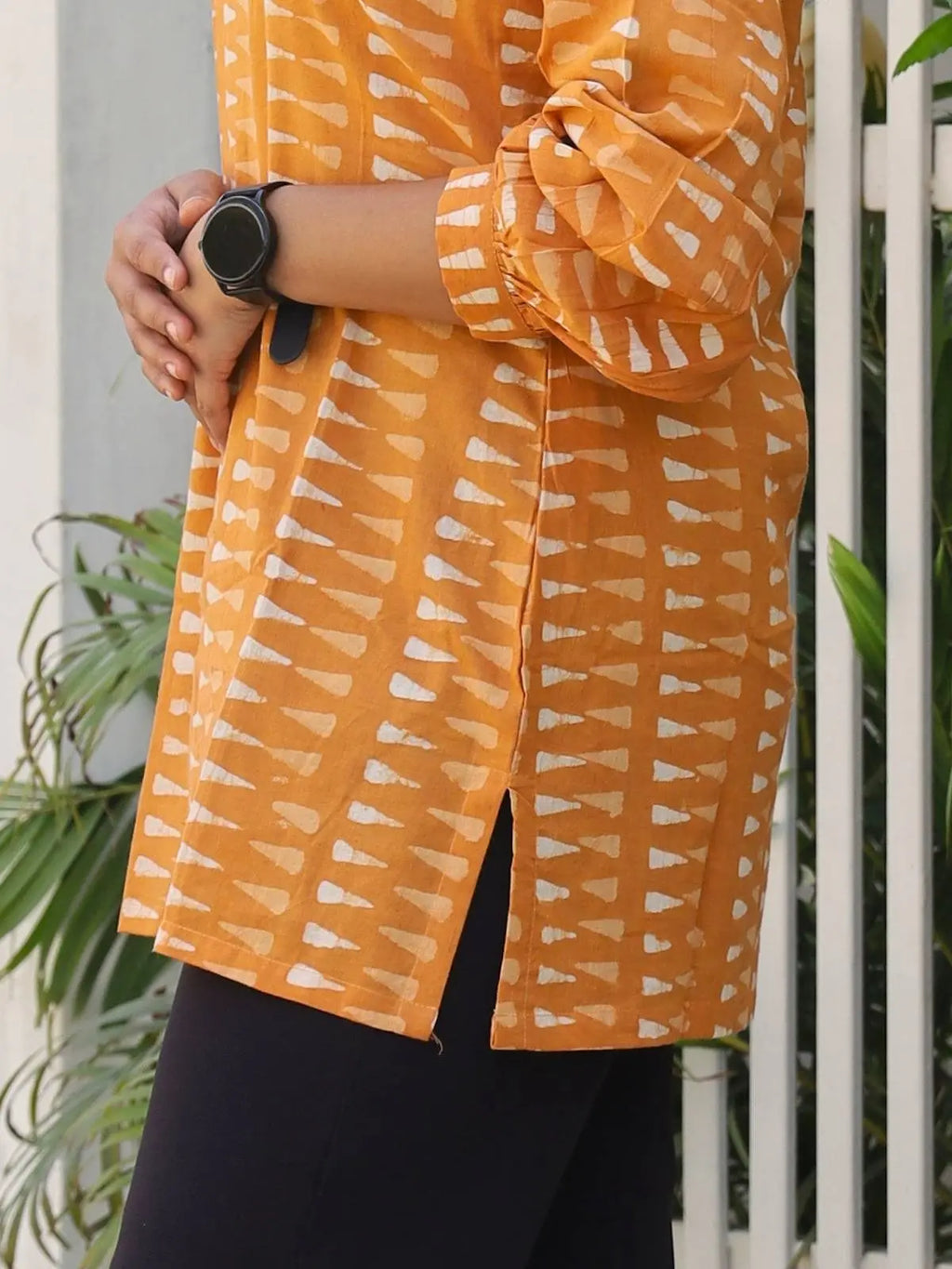 Mustard handblock print cotton fabric close up