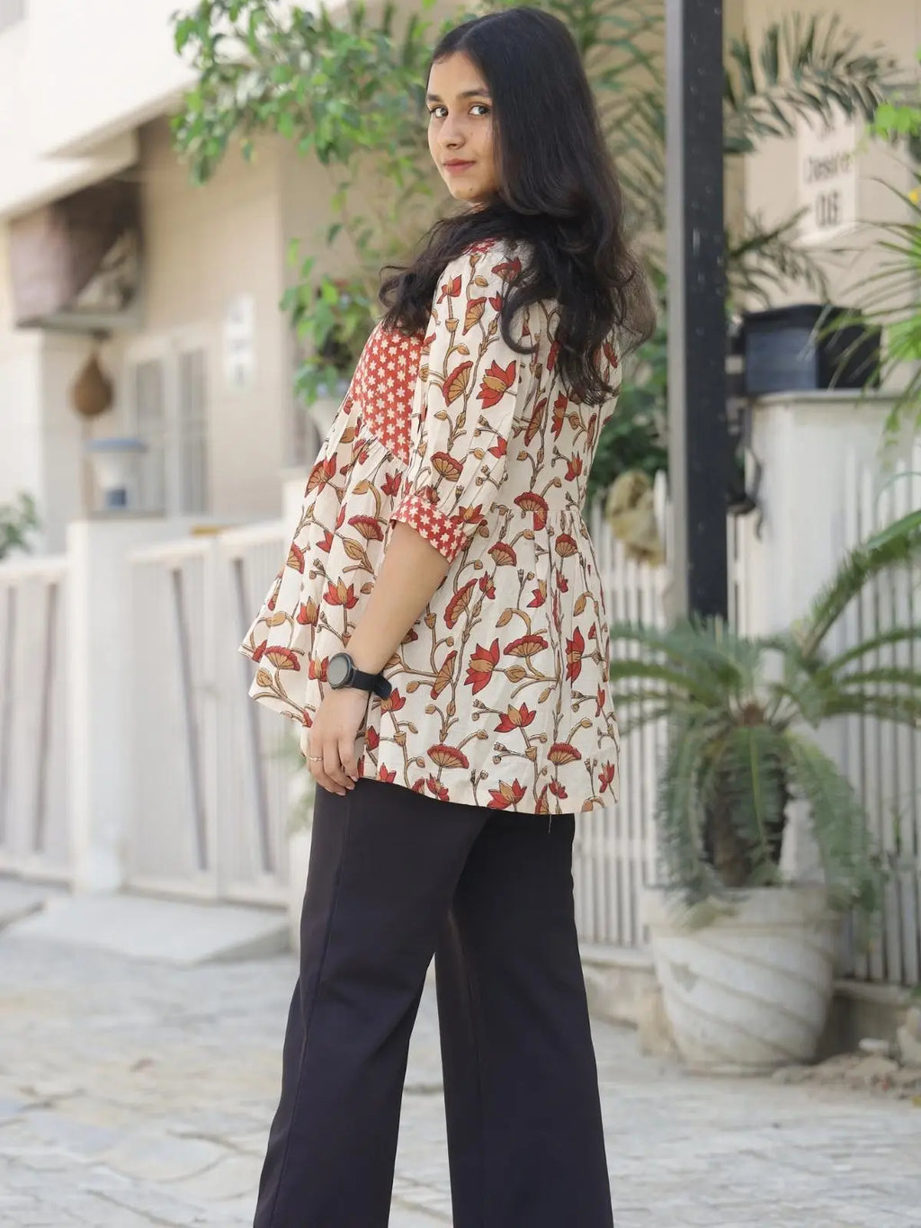 Rust and cream handblock collar top for office wear - left side view