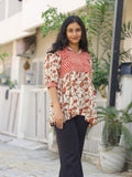 Rust and cream handblock print cotton collar top for women - side view