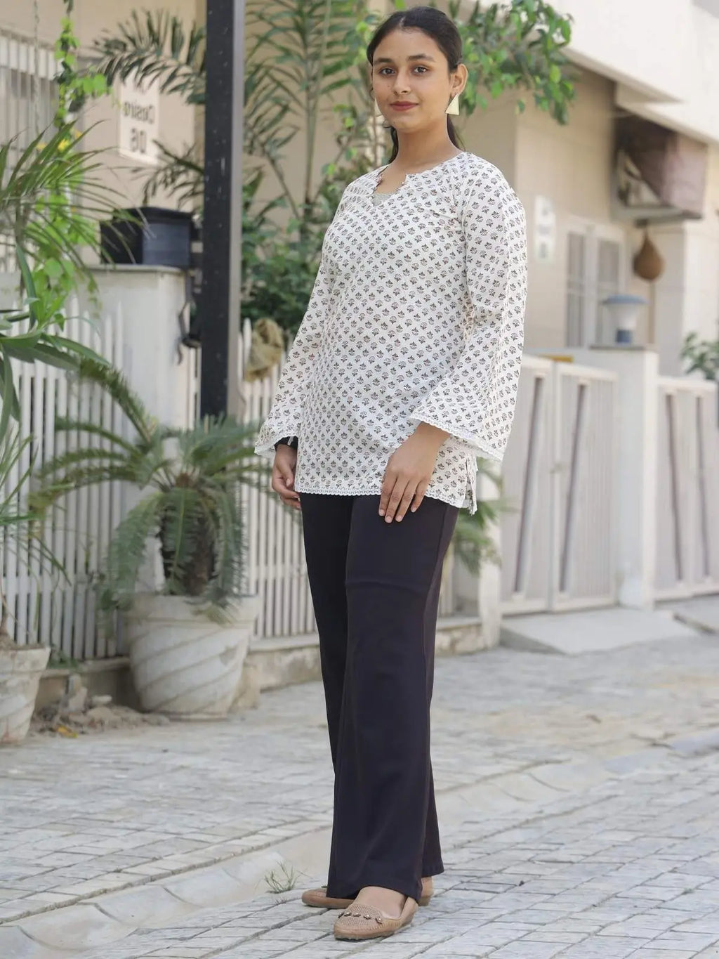 White and maroon Jaipur cotton short kurta - left side view