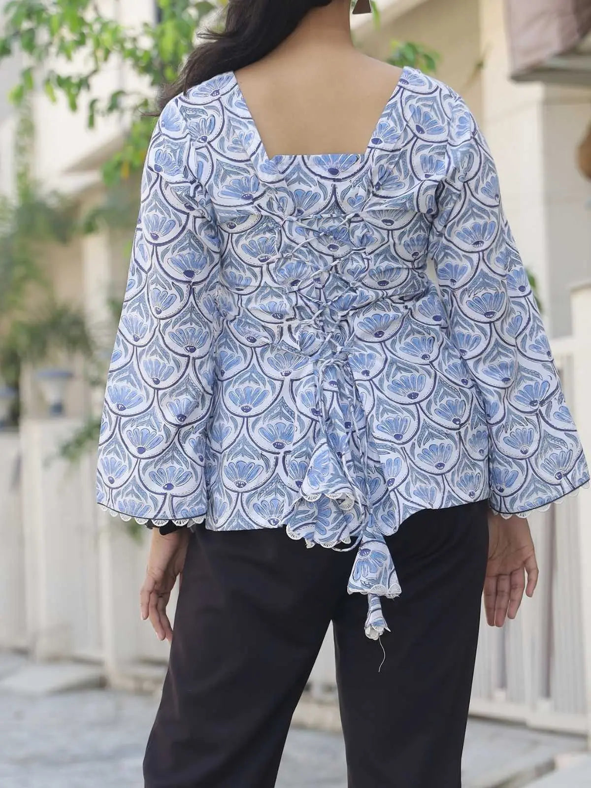 Blue and white handblock short kurta - criss-cross back detail