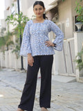 Blue and white handblock print short kurta for women - front view