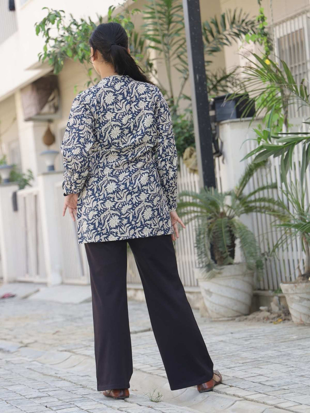 Navy blue floral short kurta - back view