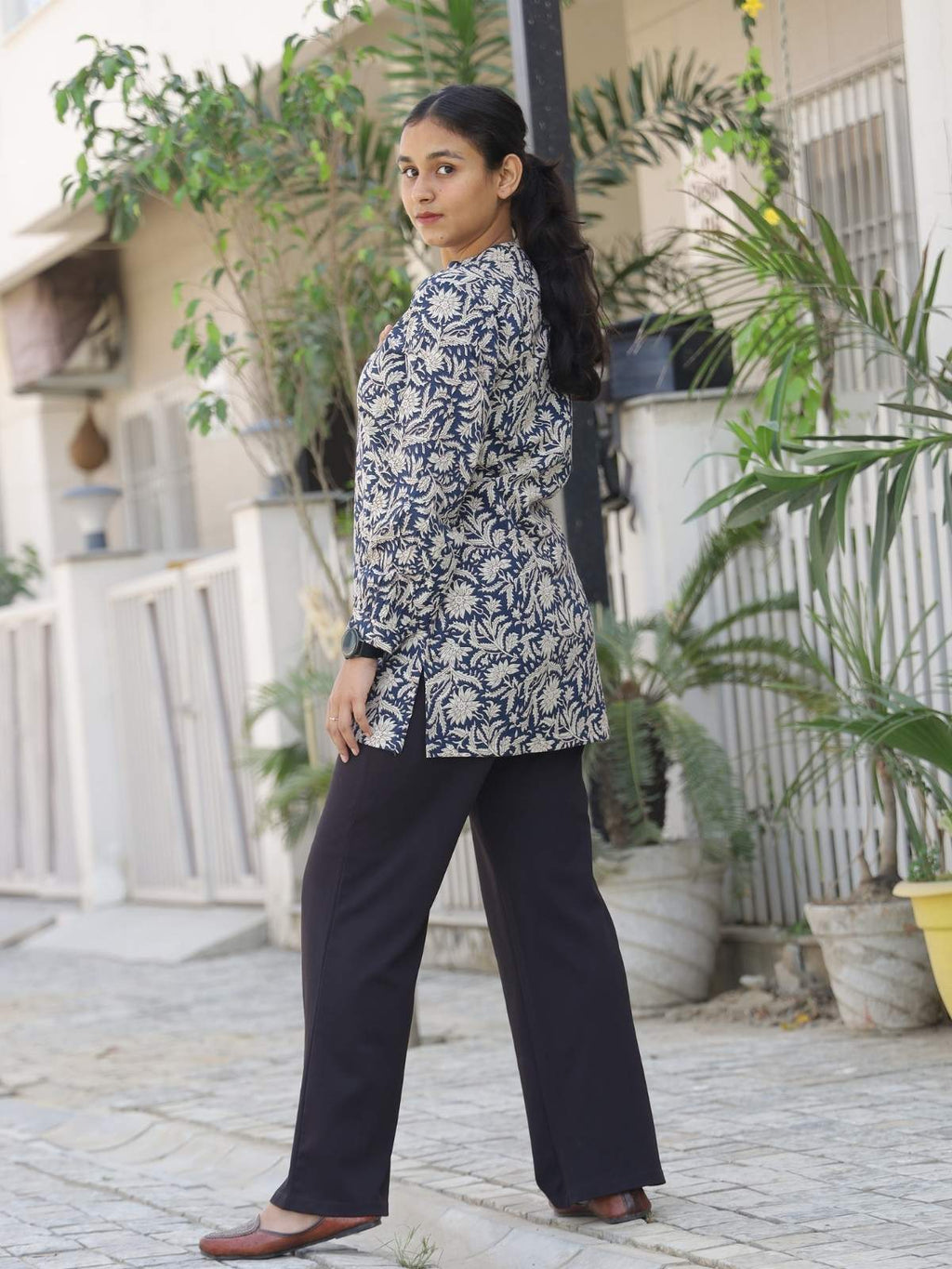 Navy blue floral short kurta - left side view
