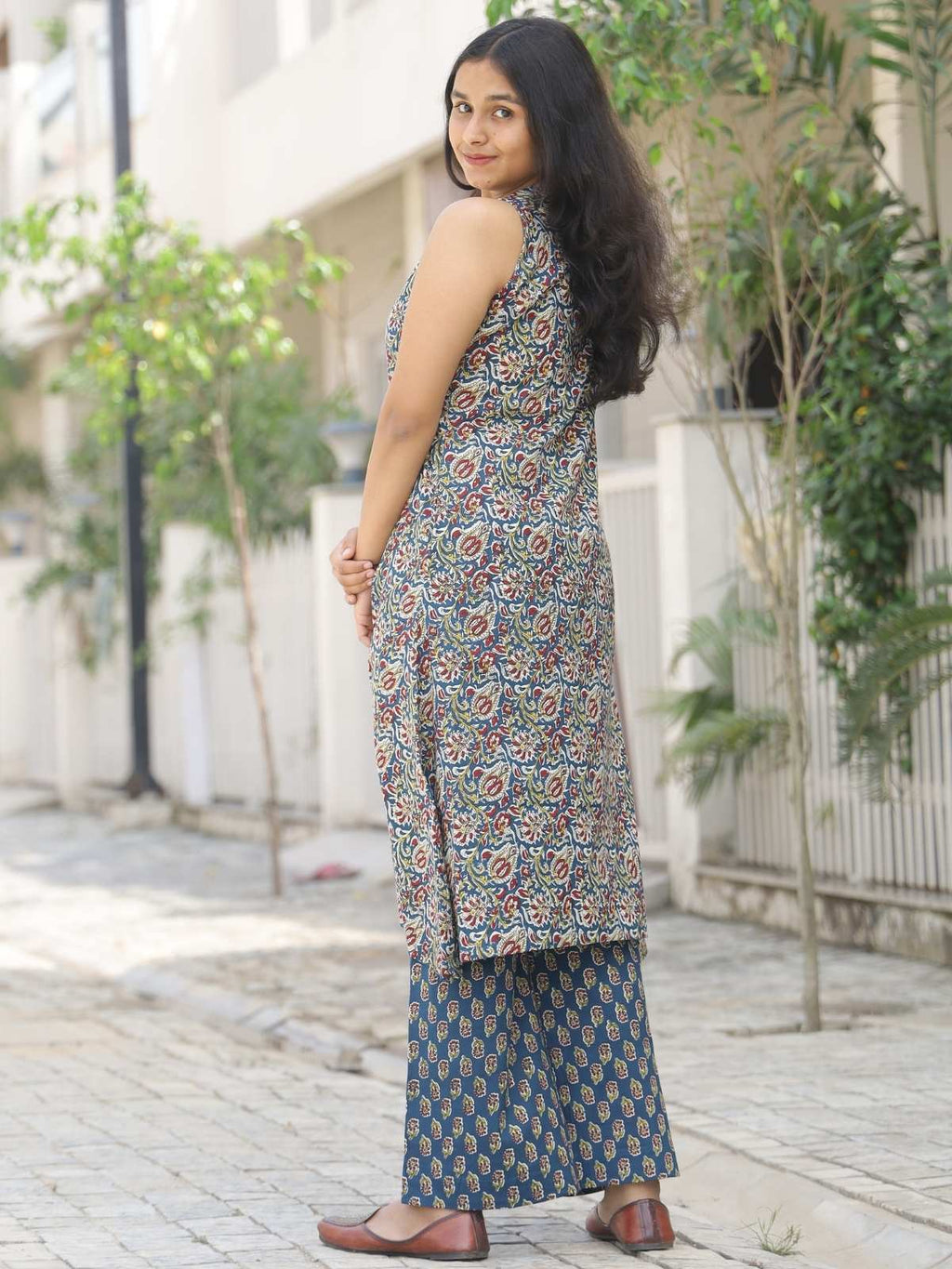 Blue floral A-line kurta palazzo set - back view