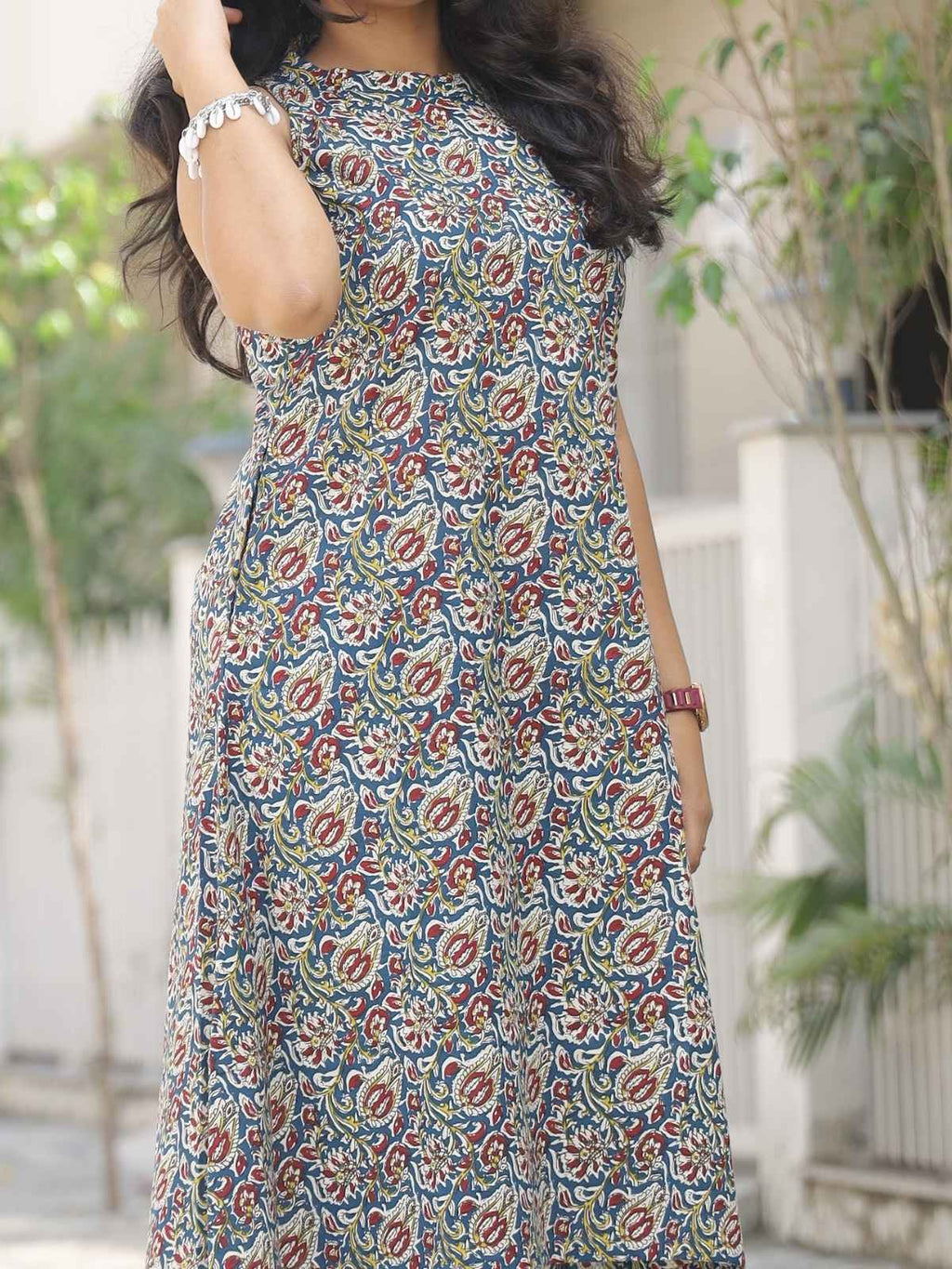 Blue floral Jaipur cotton fabric close up