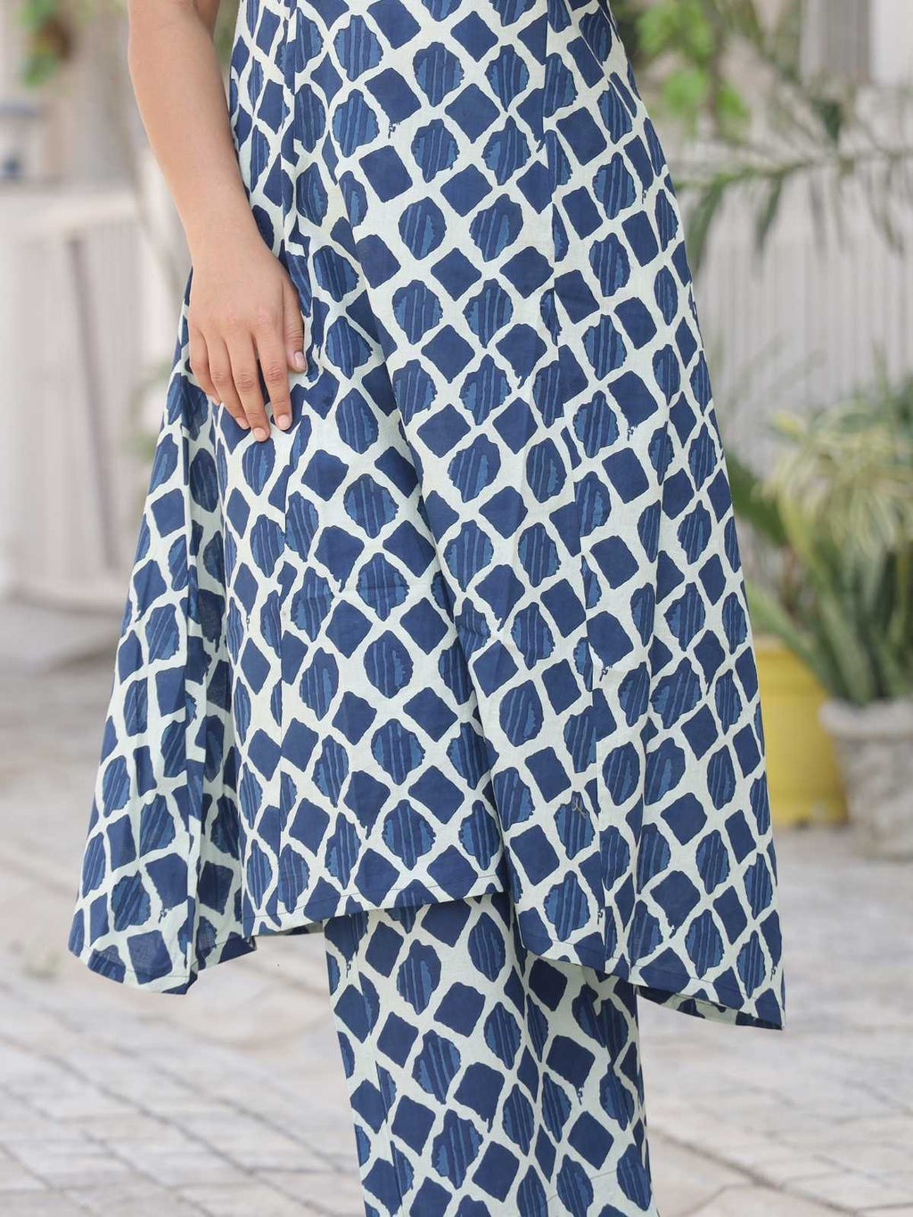 Indigo blue geometric print Jaipur cotton fabric close up