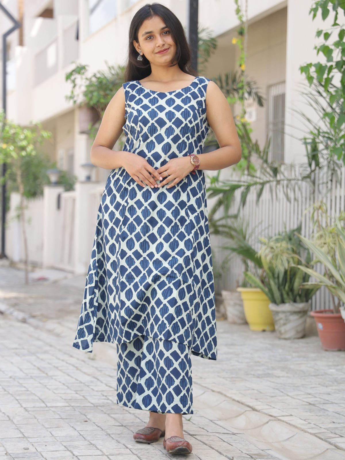 Indigo blue sleeveless A-line kurta palazzo set for women - front view