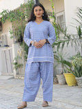 Lavender blue Farsi kurta shalwar set with lace detailing - front view