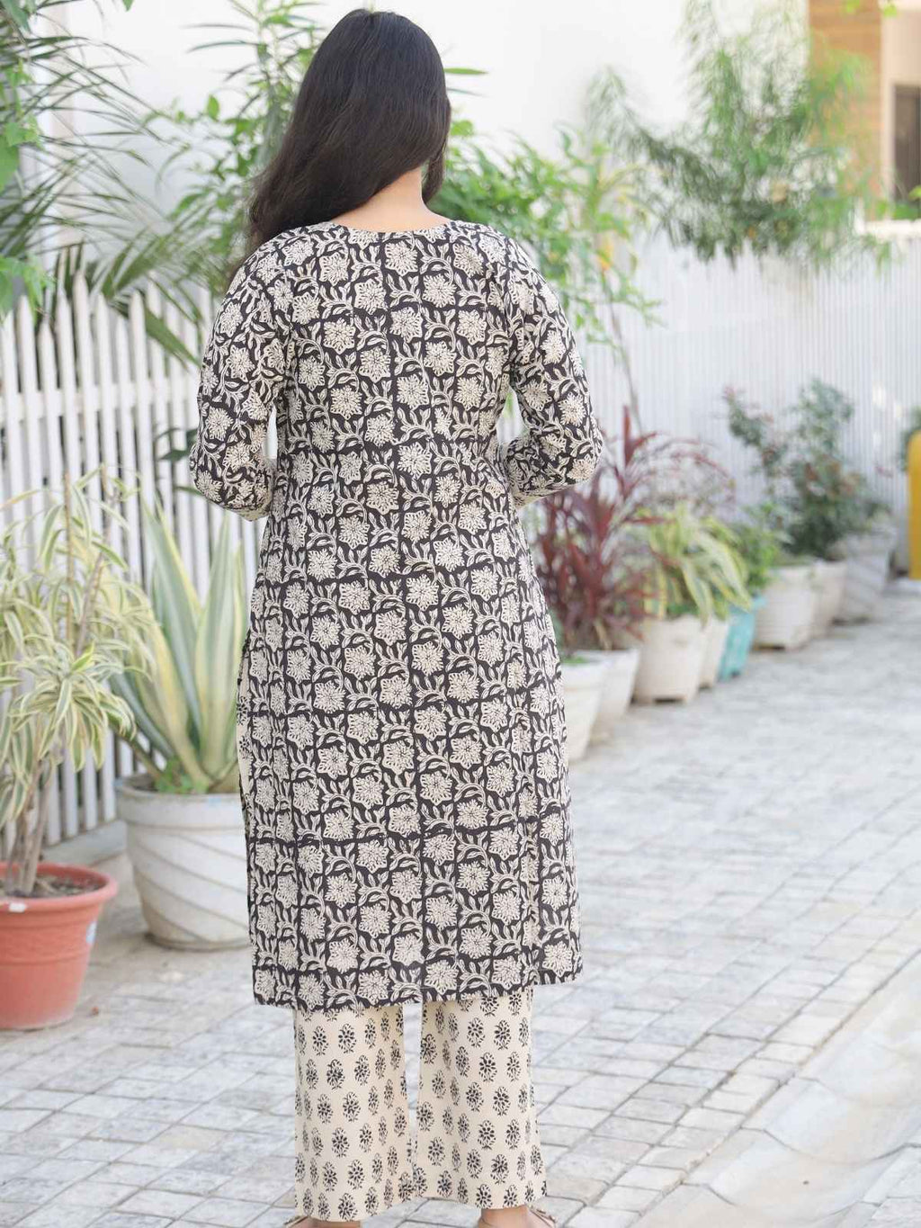 Black and ivory handblock kurta palazzo set - back view