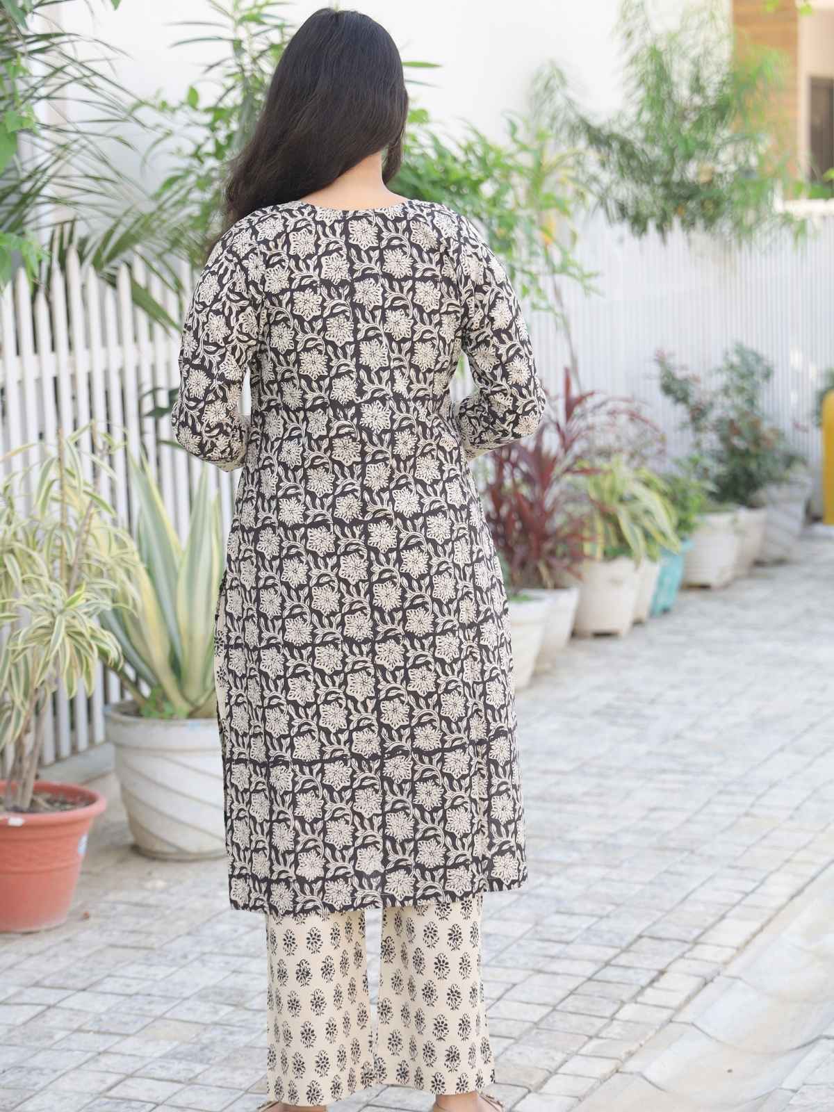 Black and ivory handblock kurta palazzo set - back view