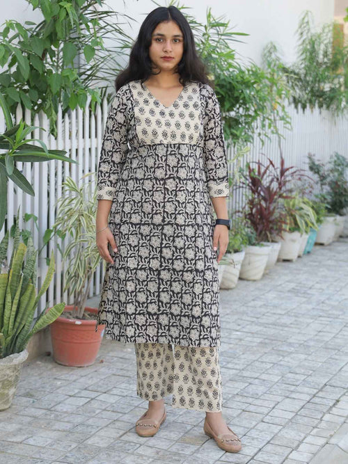Black and ivory handblock print kurta palazzo set for women - front view