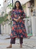 Midnight navy mandarin collar kurta palazzo set for women - front view