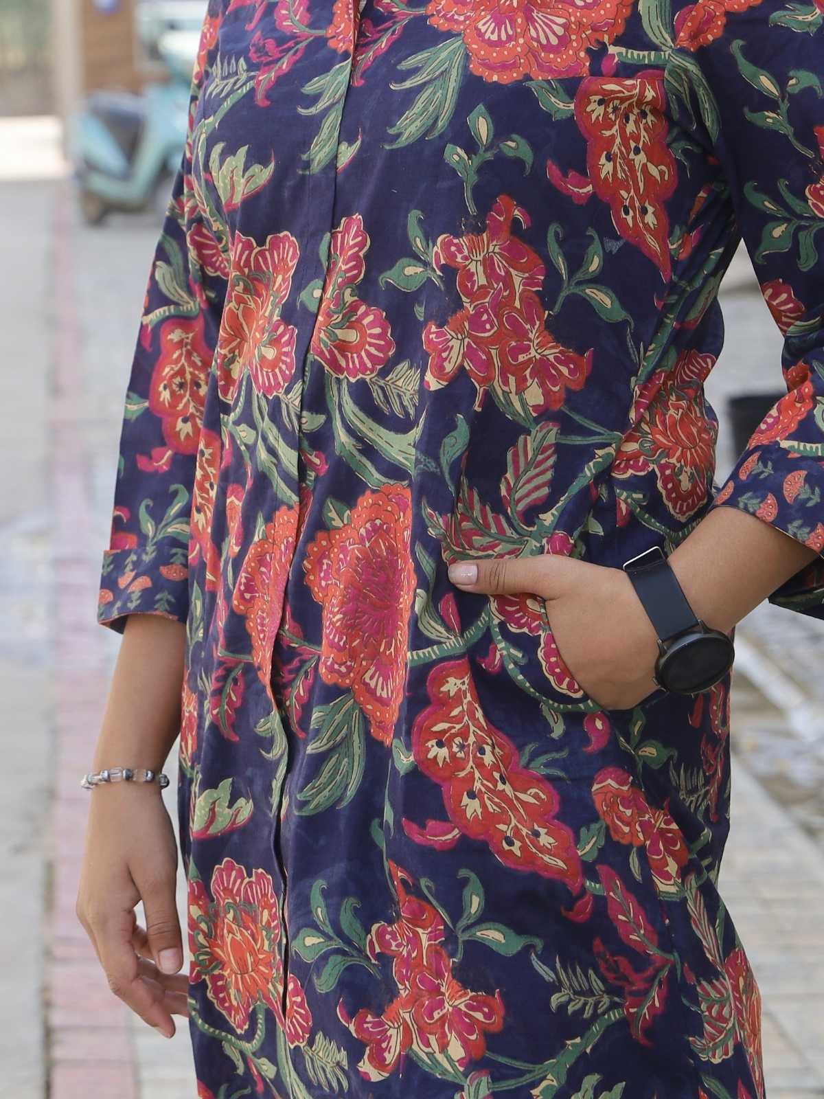 Navy Jaipur cotton floral print fabric close up