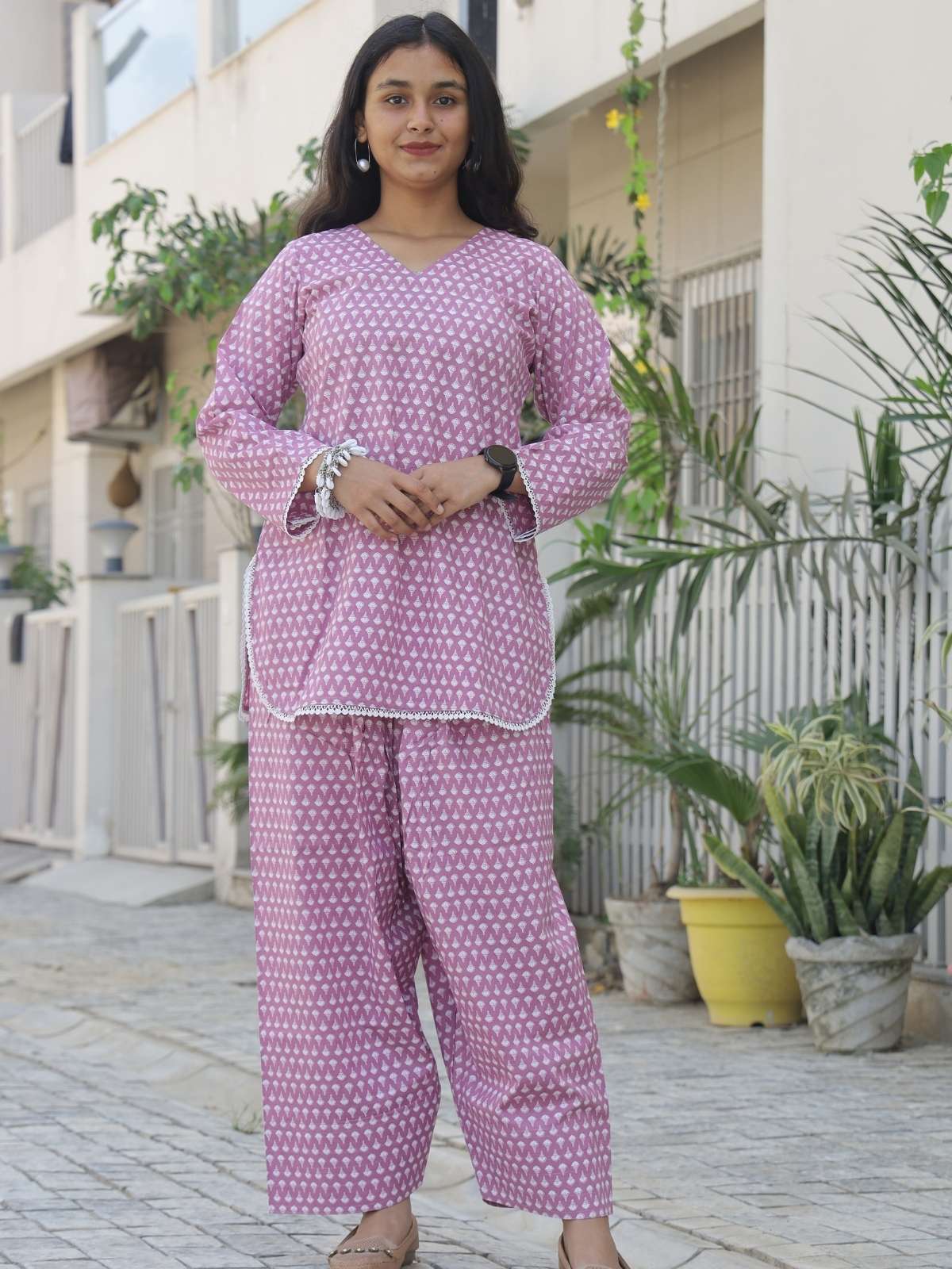 Pink Farsi kurta shalwar set for women - front view