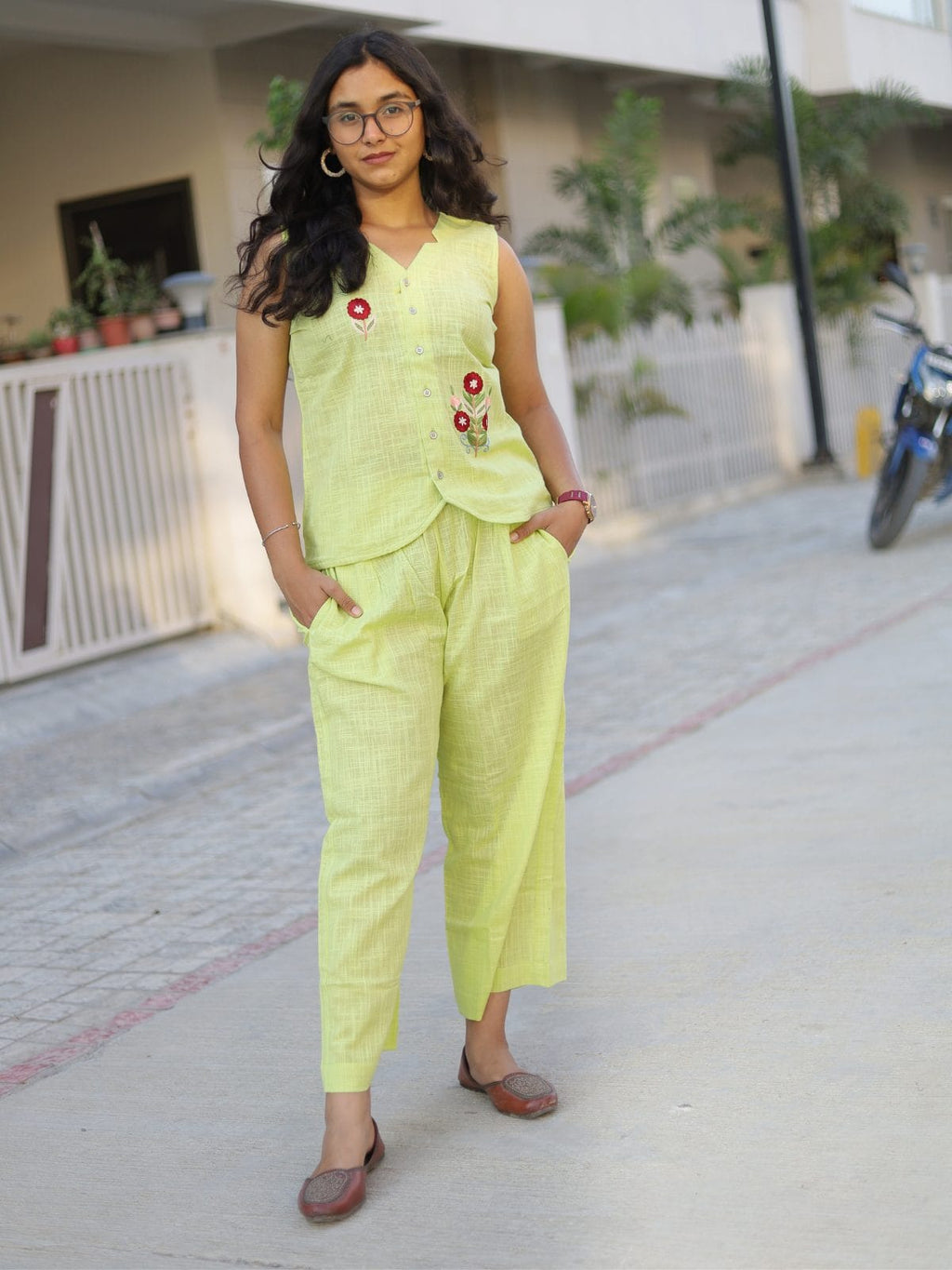 Lime blossom embroidered sleeveless co-ord set - side view