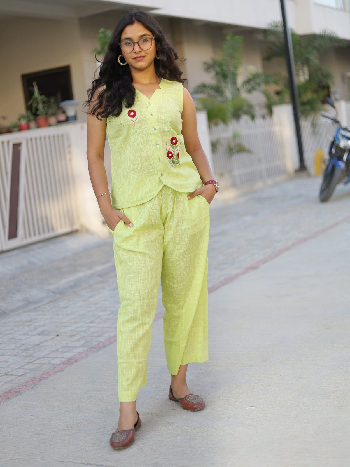 Lime blossom embroidered sleeveless co-ord set - side view