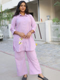 Lavender butterfly embroidered shirt co-ord set for women - front view