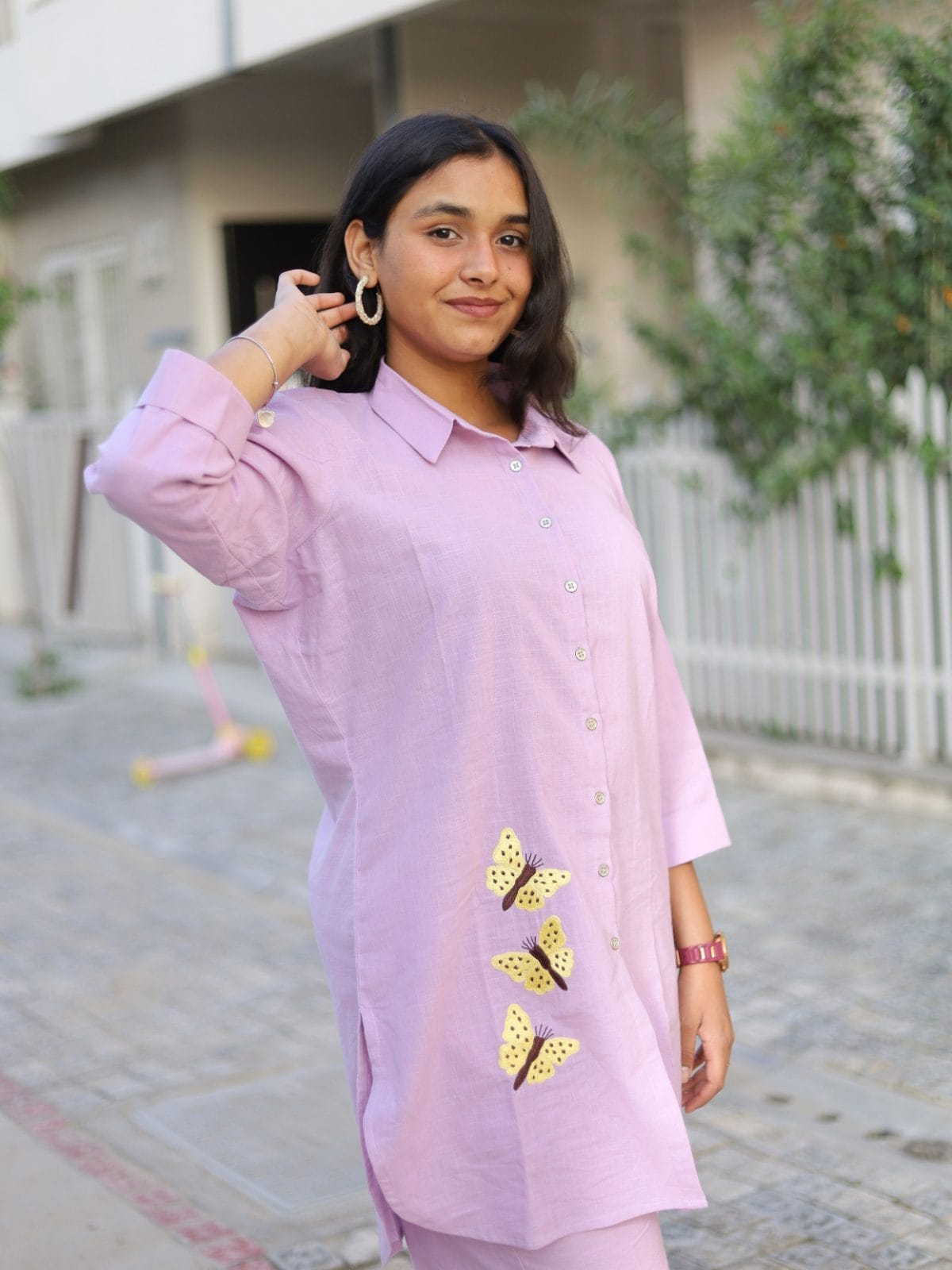 Lavender embroidered shirt co-ord set - side view