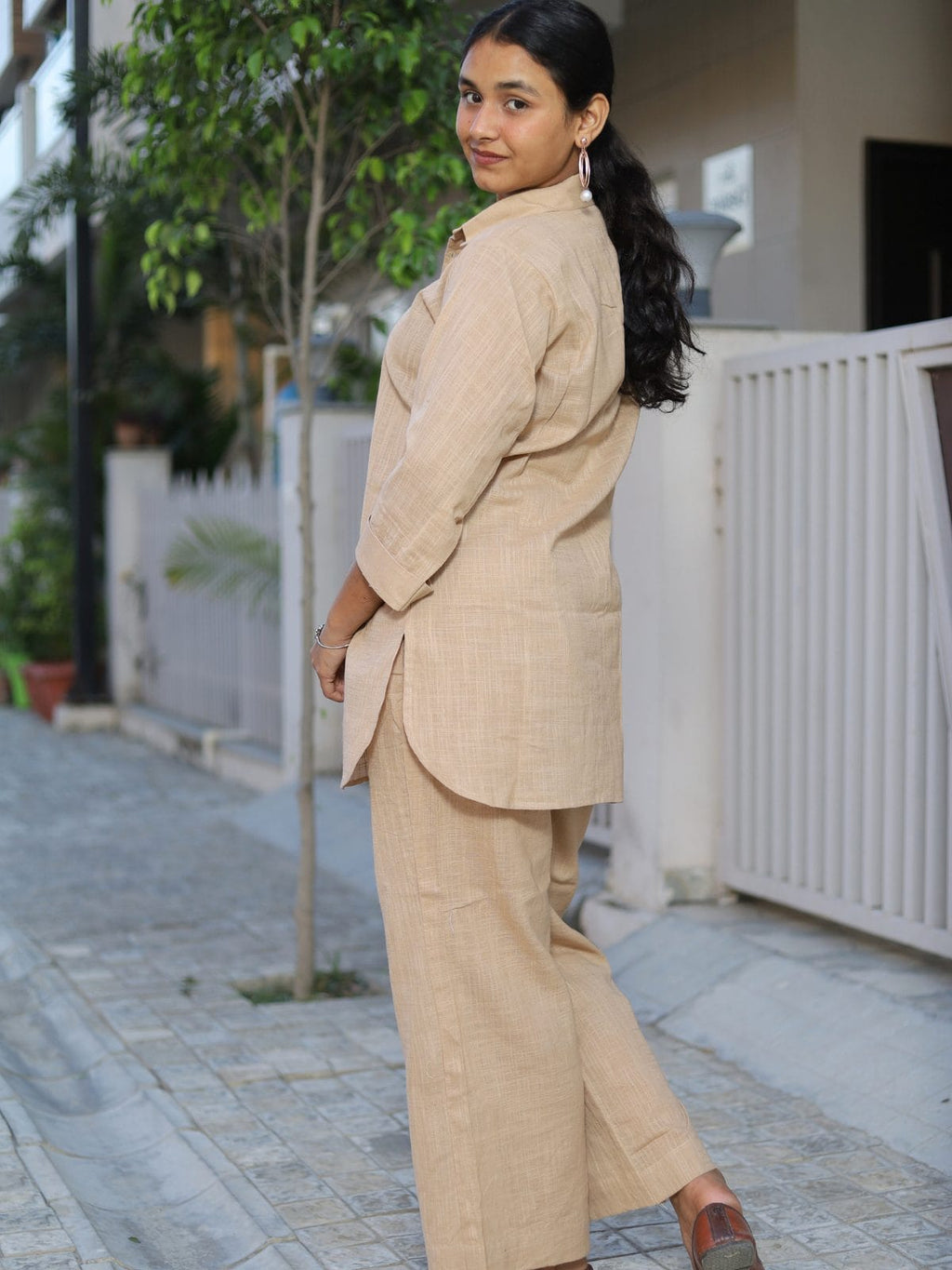 Beige butterfly embroidered co-ord set - back view