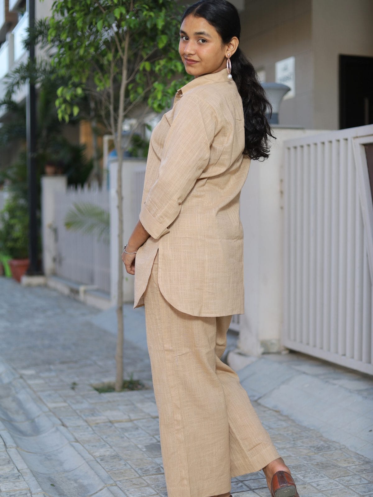 Beige butterfly embroidered co-ord set - back view