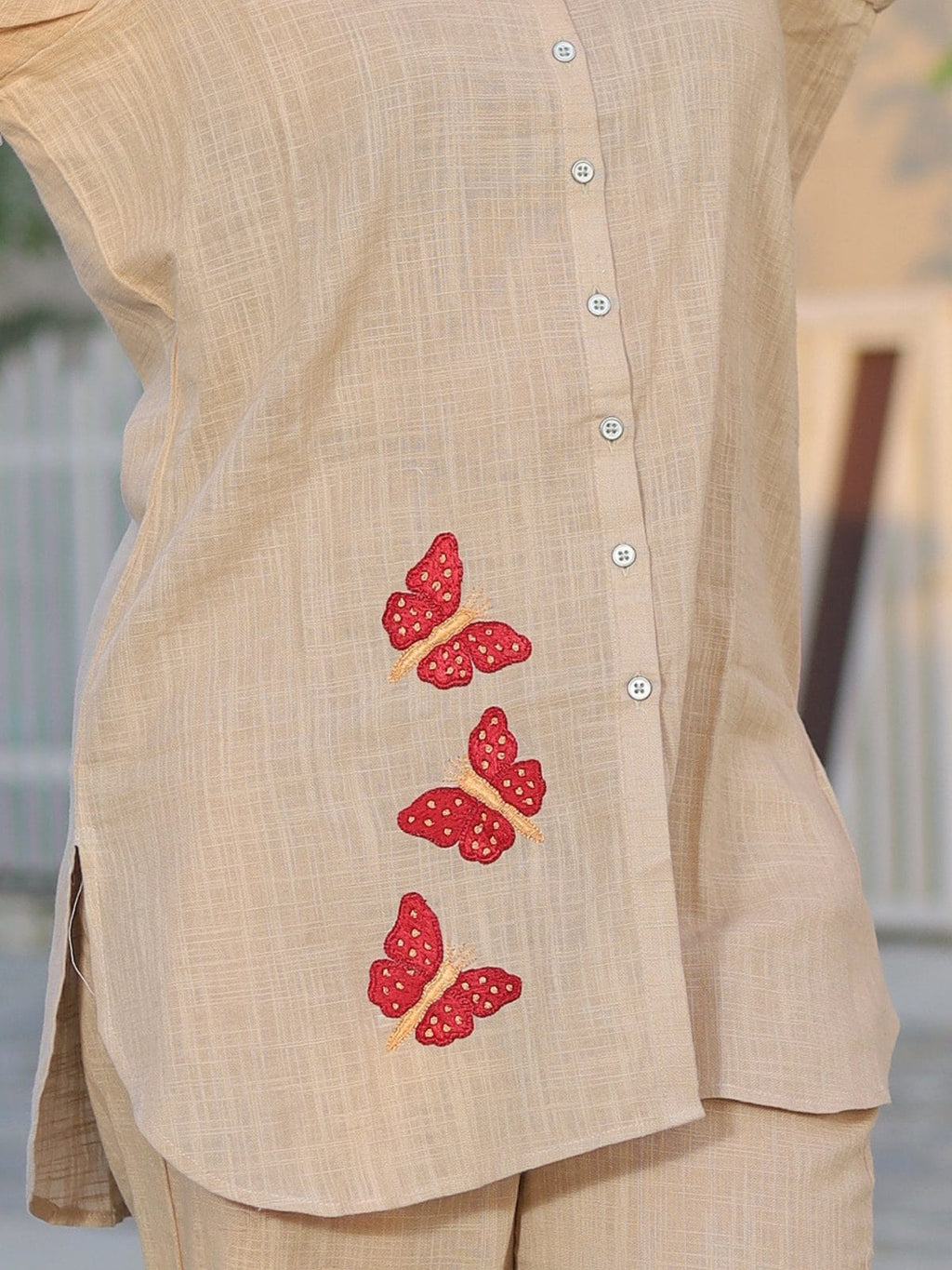 Beige co-ord set - premium cotton fabric close up