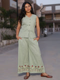 Sage mint sleeveless embroidered co-ord set for women - front view