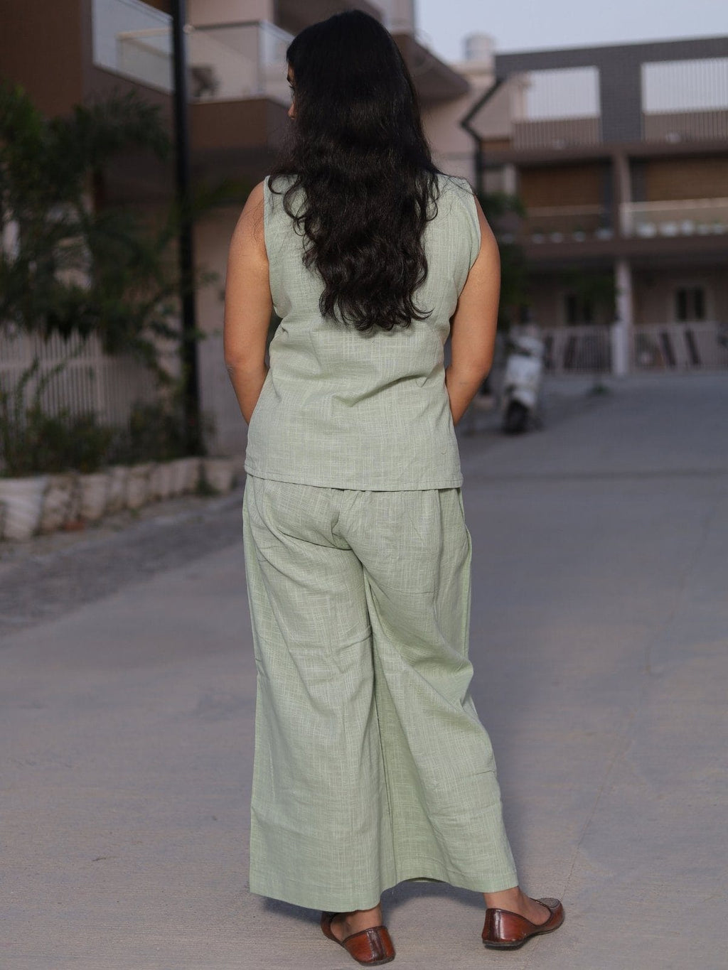 Sage mint co-ord set - floral hem hand embroidery detail