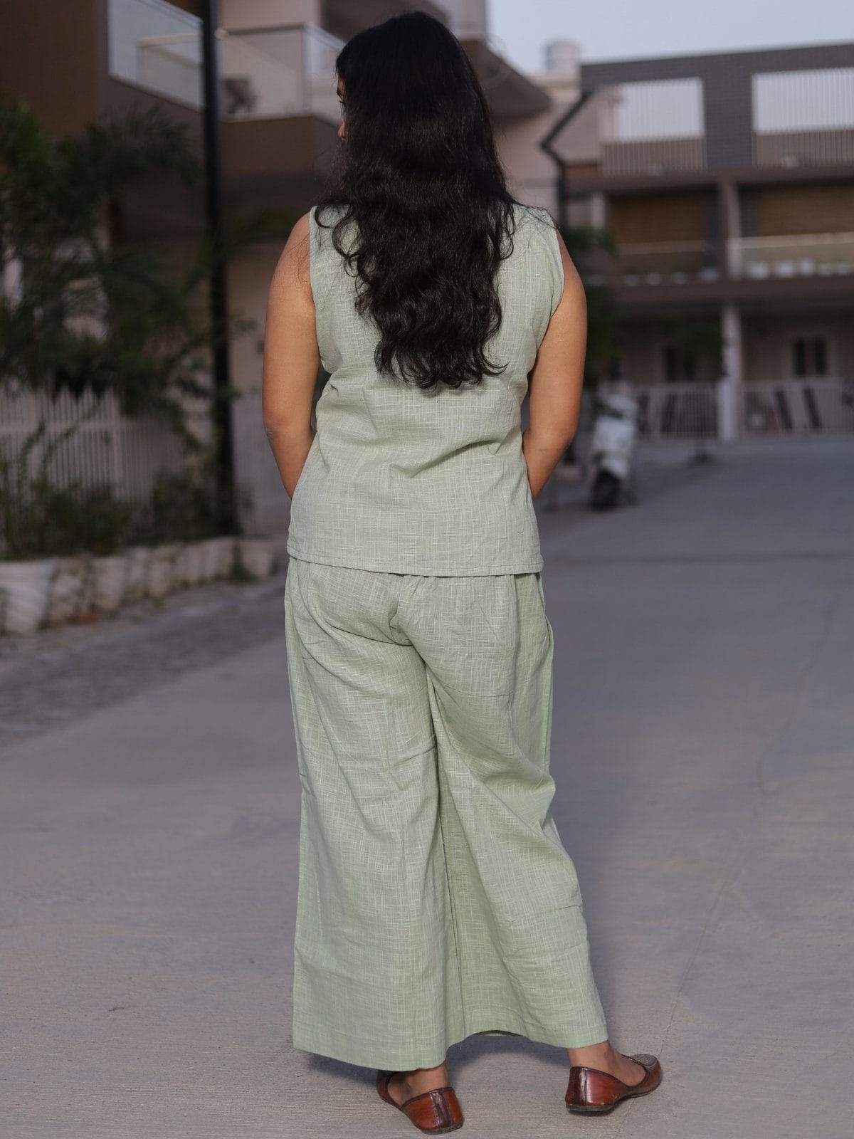 Sage mint co-ord set - floral hem hand embroidery detail