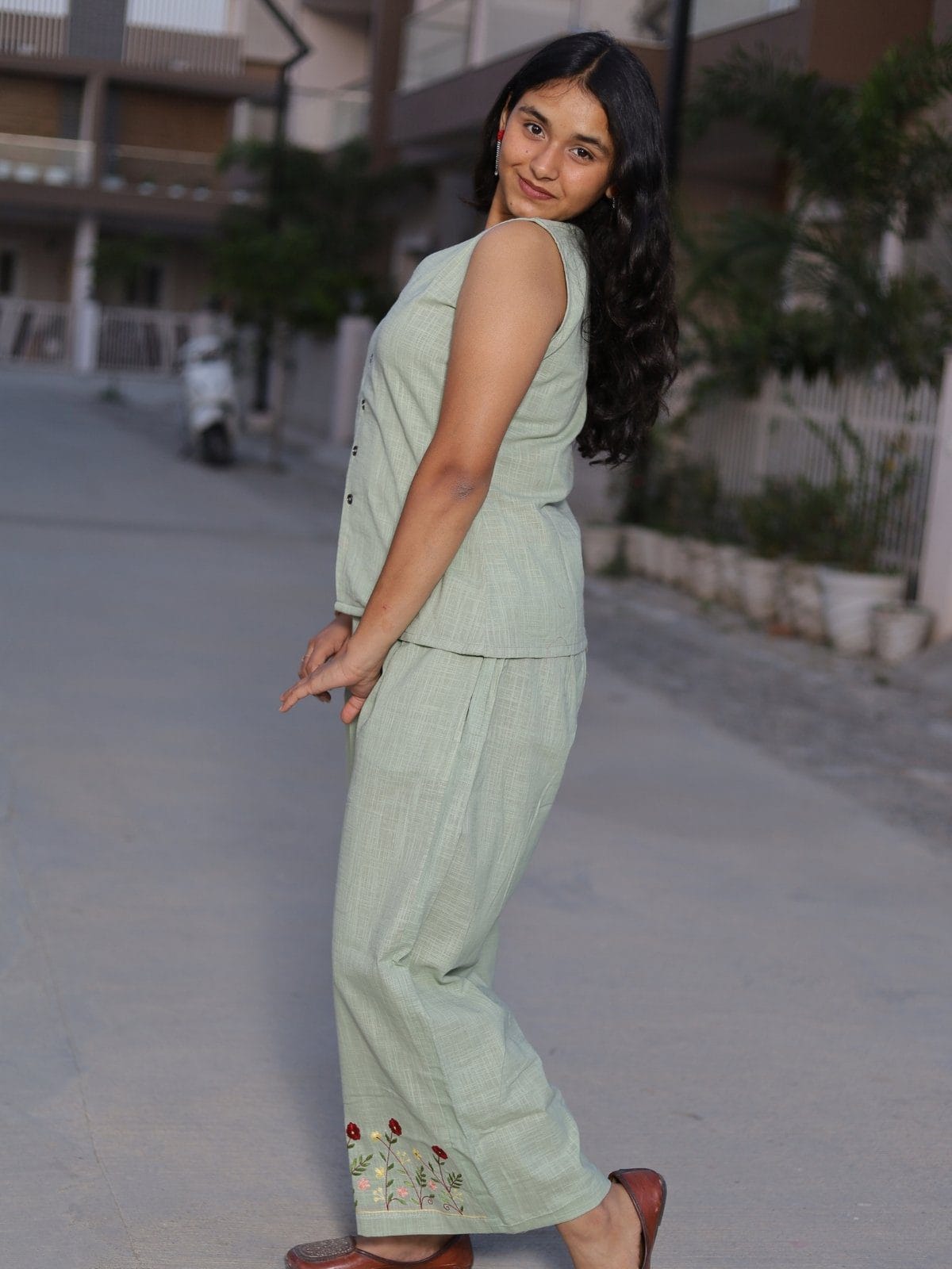 Sage mint sleeveless embroidered co-ord set - back view