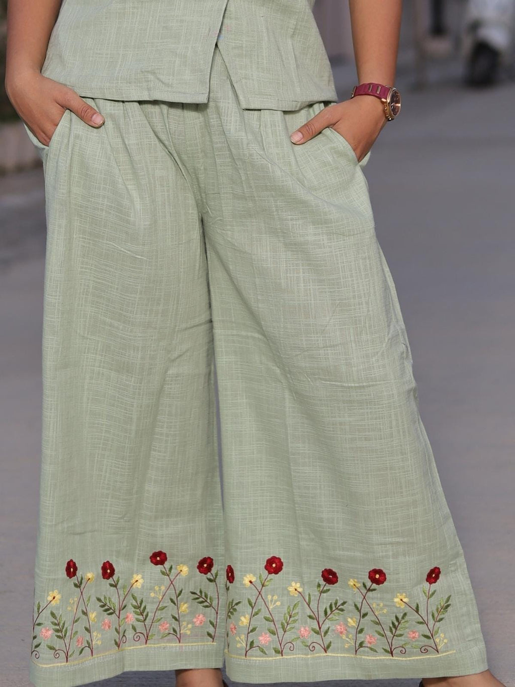 Sage mint co-ord set - premium cotton fabric close up