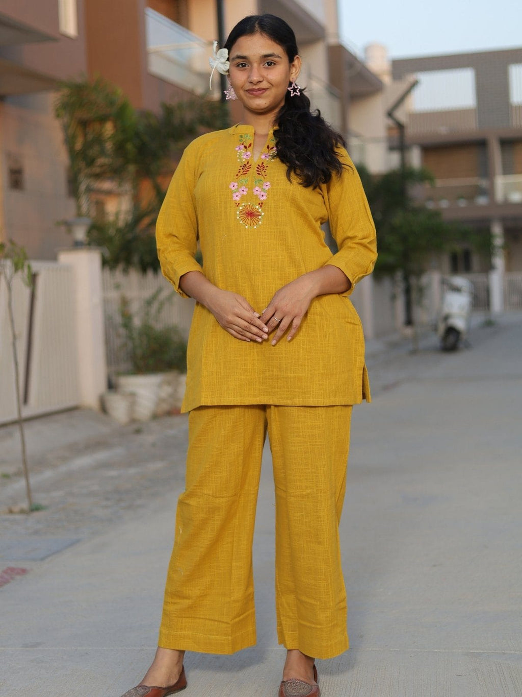 Mustard yellow embroidered kurta palazzo co-ord set for women - front view
