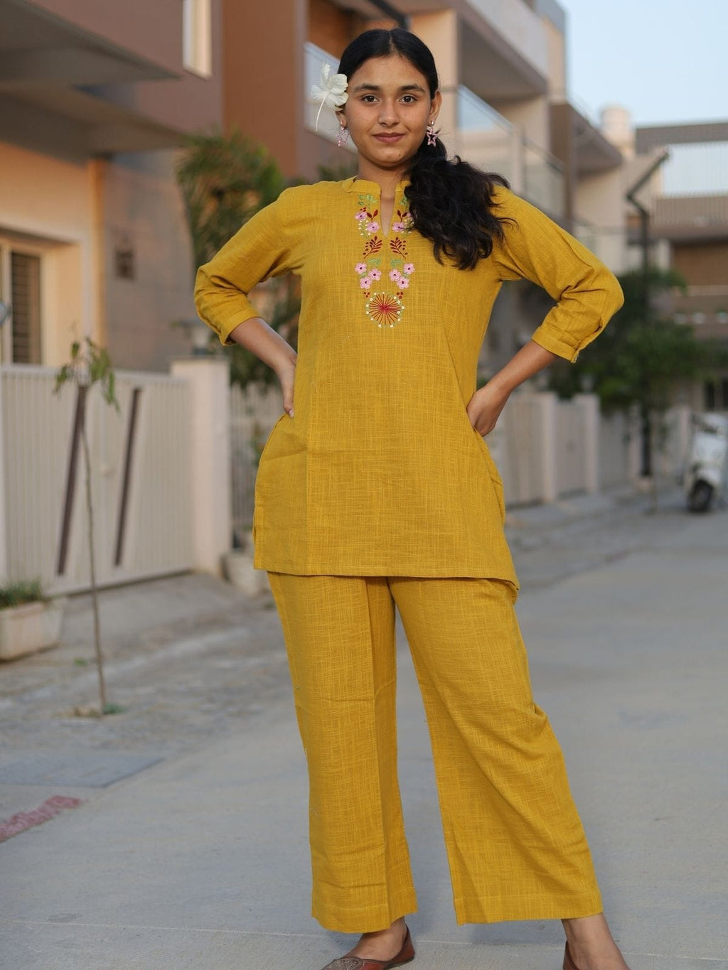 Mustard yellow embroidered co-ord set - side view