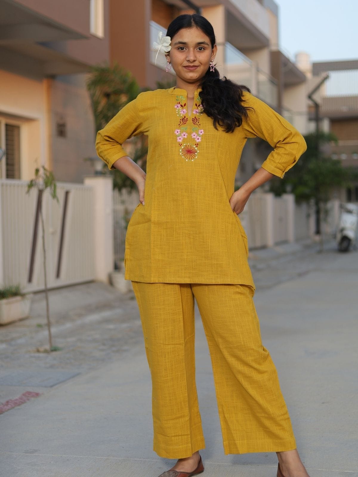 Mustard yellow embroidered co-ord set - side view