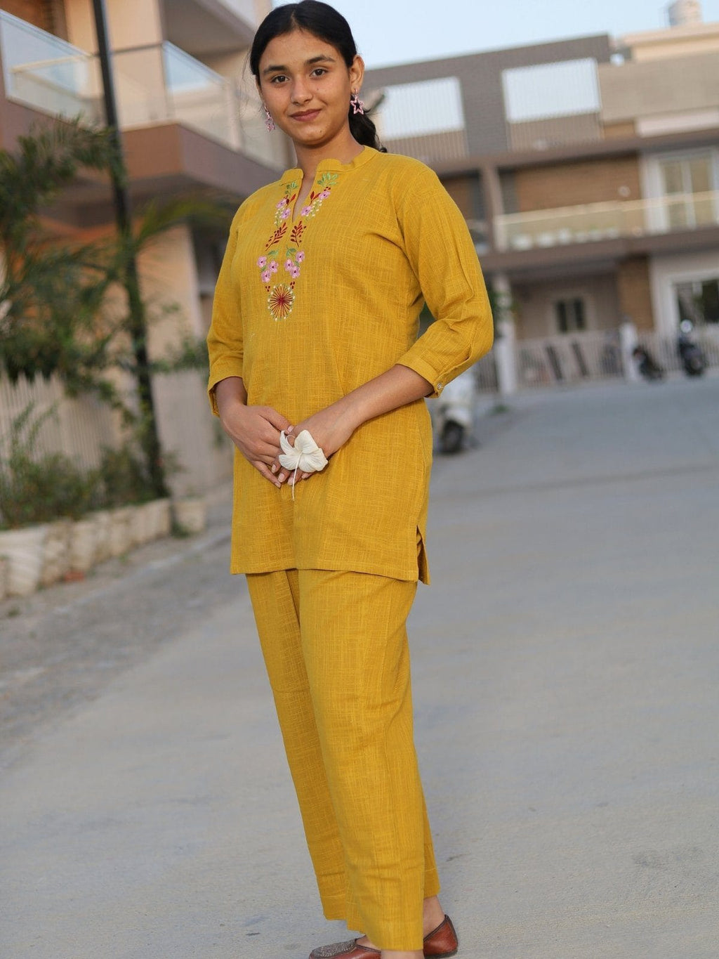 Mustard yellow co-ord set - floral neck embroidery detail