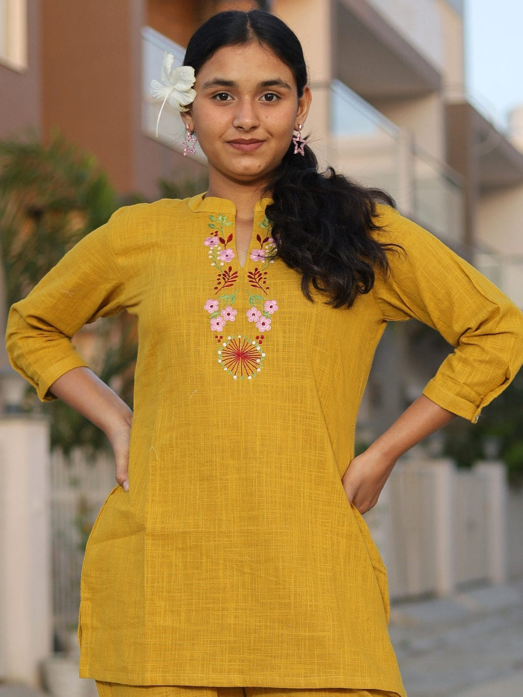 Mustard yellow embroidered kurta palazzo set - back view