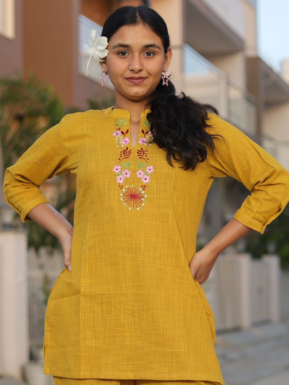 Mustard yellow embroidered kurta palazzo set - back view