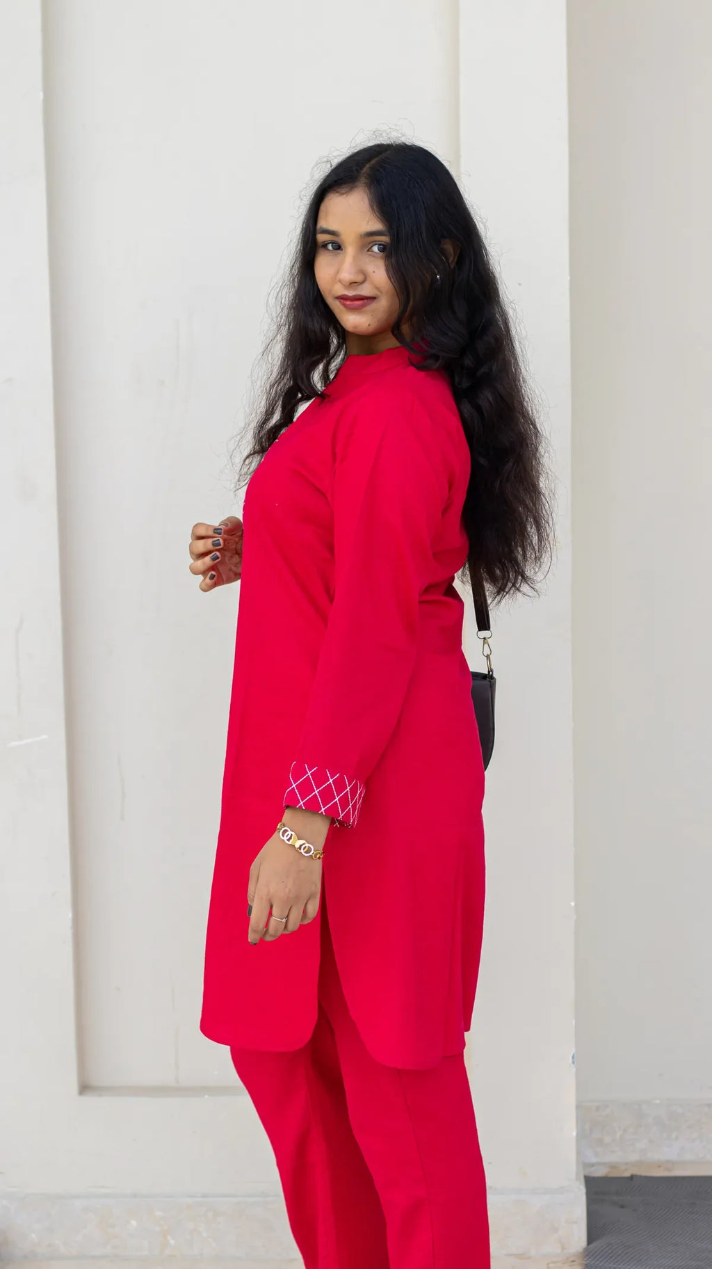 Red linen kurta pant set - styling view