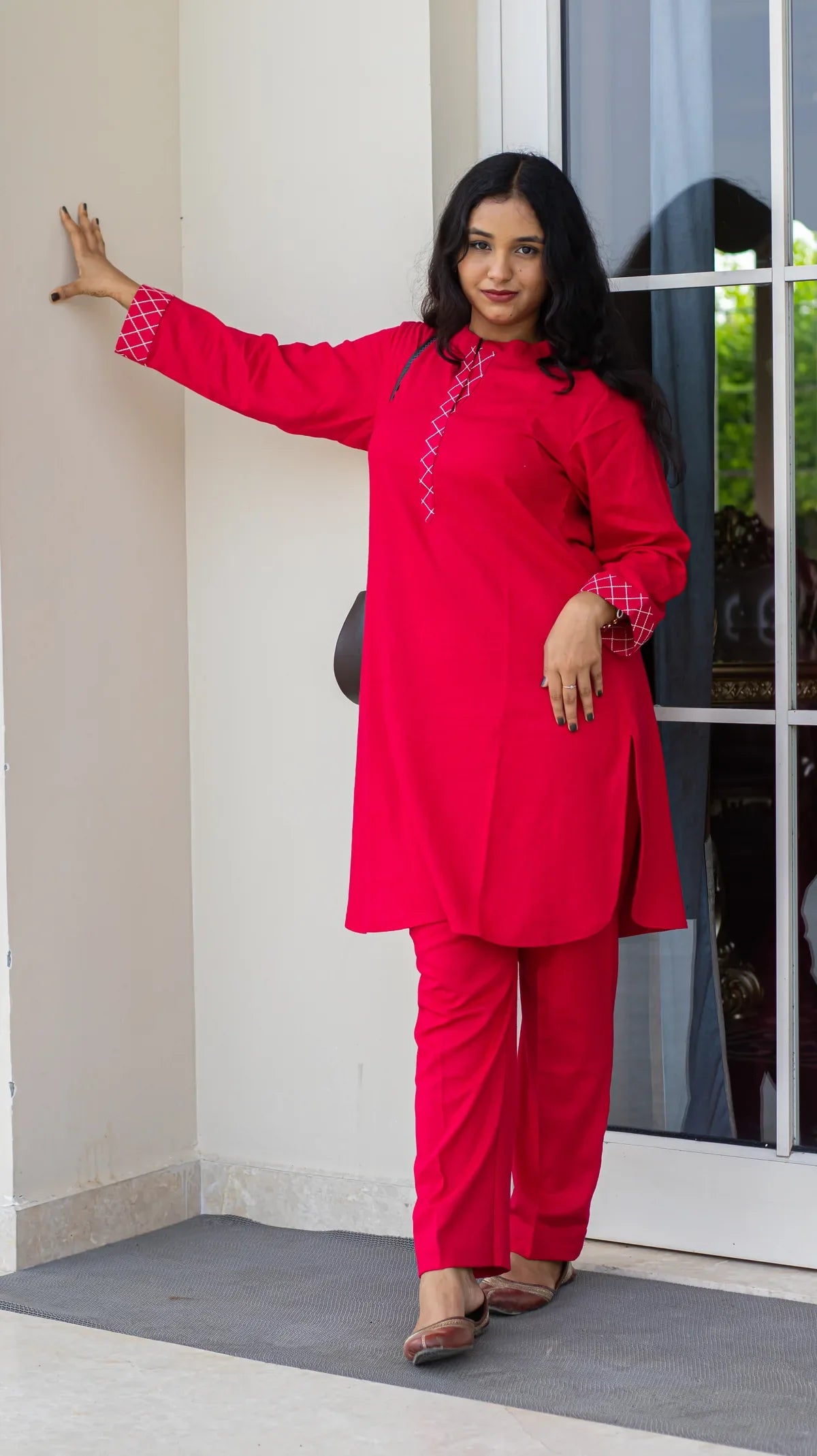 Red linen kurta pant set - full look