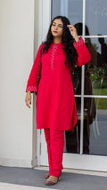 Red pure linen kurta pant set for women