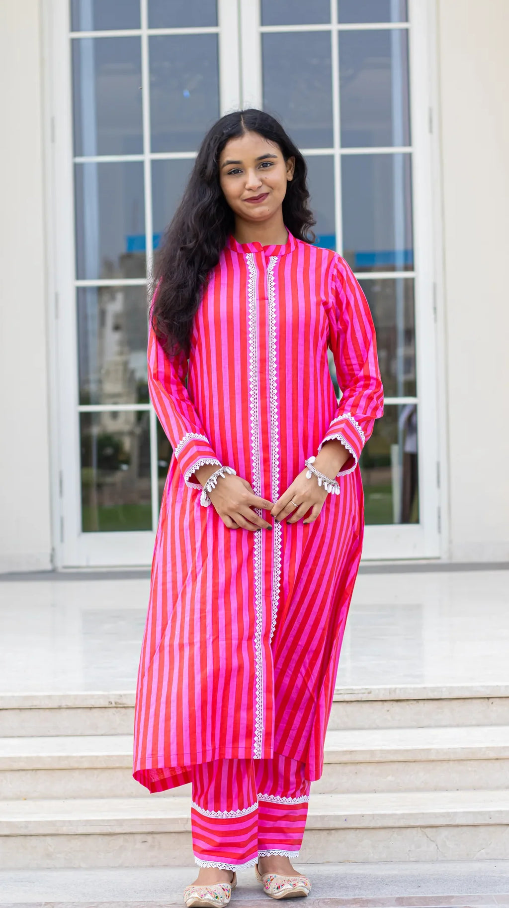 Pink striped poplin kurta set - kurta and pants