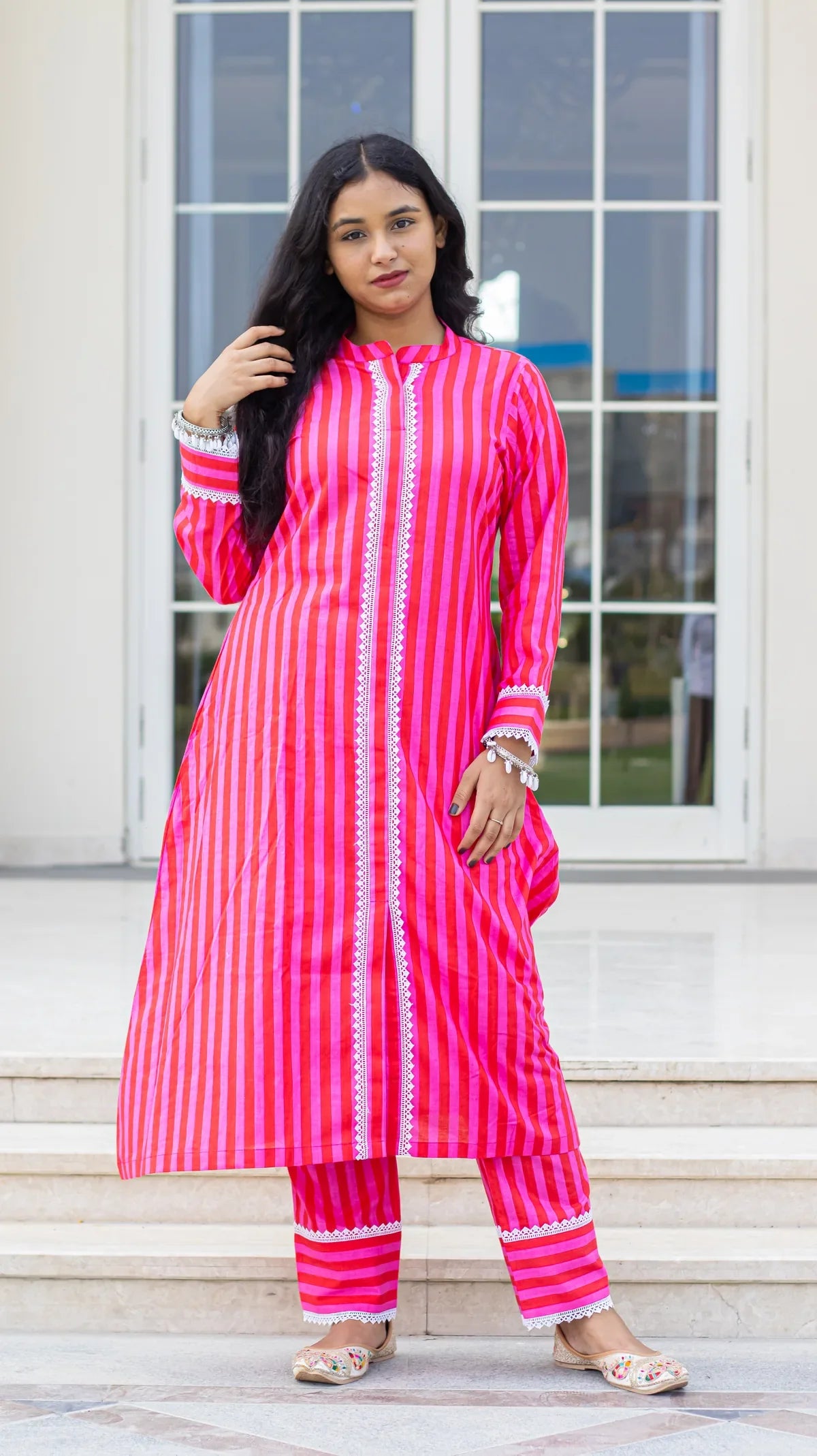 Pink striped kurta set - stripe and stitch detail