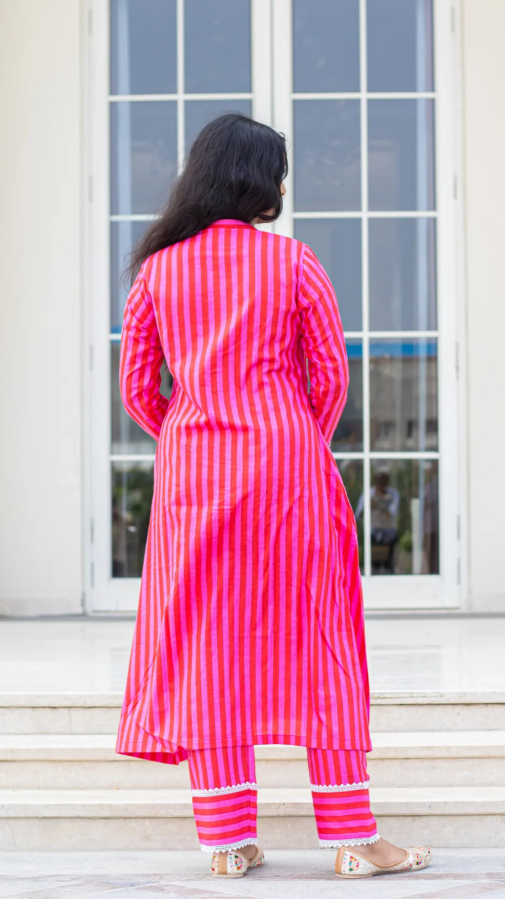 Pink striped cotton poplin kurta pant set for women